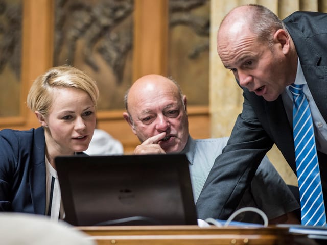 Rickli, Giezendanner und Hurter vor einem Laptop.