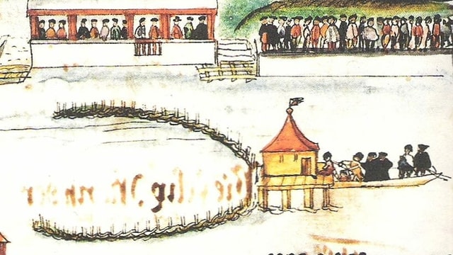 Ein altes Bild mit Schaulustigen an einem Flussufer