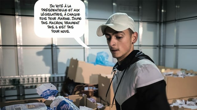 Ein Junge mit Mütze. Daneben eine Sprechblase: «Macron mag ich echt nicht. Der ist nicht für uns.» Ein Junge mit Mütze. Daneben eine Sprechblase: «Macron mag ich echt nicht. Der ist nicht für uns.»