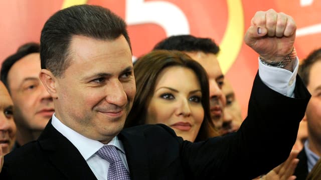 Ministerpräsident Nikola Gruevski bei seinem Wahlsieg 2014. Ministerpräsident Nikola Gruevski bei seinem Wahlsieg 2014.