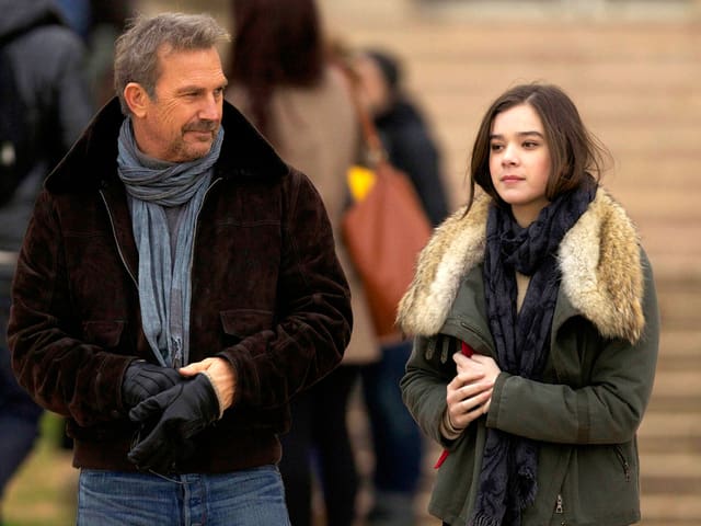 Kevin Costner und Hailee Steinfeld auf dem Filmset, nebeneinander hergehend. Kevin Costner und Hailee Steinfeld auf dem Filmset, nebeneinander hergehend.
