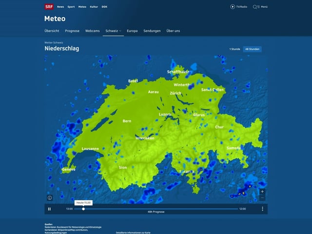 Screenshot der 48-Stundenprognose von srf.ch/meteo