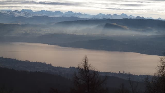 Blick vom Pfannenstiel auf den Zürichsee, dahinter die Alpen, mehr oder weniger aper. Blick vom Pfannenstiel auf den Zürichsee, dahinter die Alpen, mehr oder weniger aper.