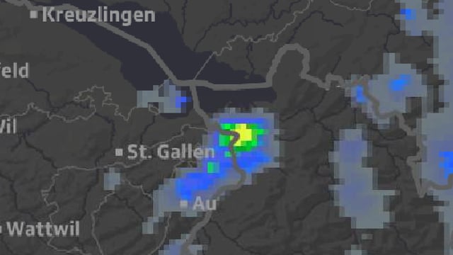 Radarbild des St. Galler Rheintals mit gelb eingefärbten Regenzellen. Radarbild des St. Galler Rheintals mit gelb eingefärbten Regenzellen.