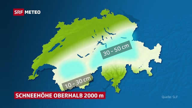 Eine Karte zeigt die Schneehöhen oberhalb von 2000 m. Eine Karte zeigt die Schneehöhen oberhalb von 2000 m.