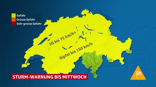 Schweizerkarte mit Gebieten in denen Sturmwarnung vorkommt. Schweizerkarte mit Gebieten in denen Sturmwarnung vorkommt.