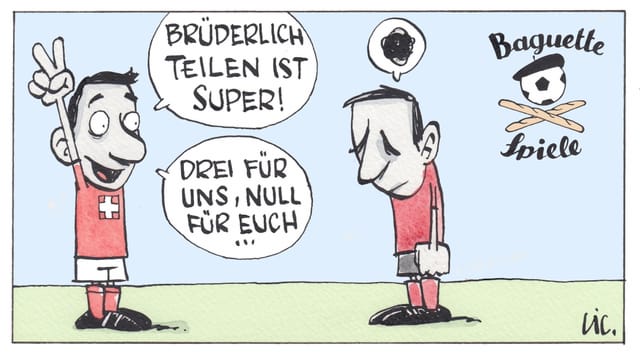 Zeichnung von CH-Spieler, der zu Albaner sagt: "Brüderlich teilen ist super! Drei für uns, null für euch."