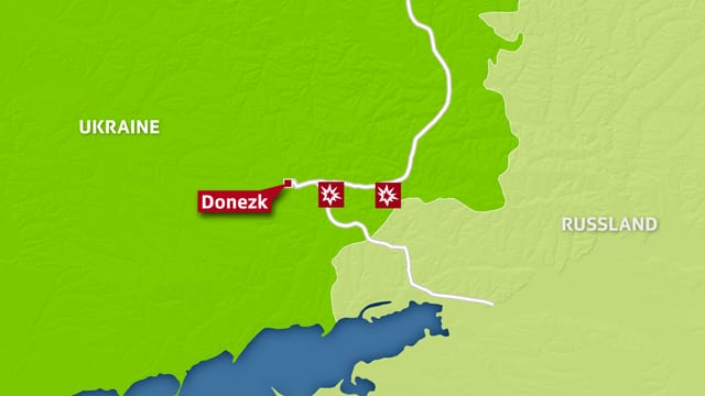 Kartenausschnitt, auf dem Donezk und wichtige Strassen in der Region eingezeichnet sind. Kartenausschnitt, auf dem Donezk und wichtige Strassen in der Region eingezeichnet sind.