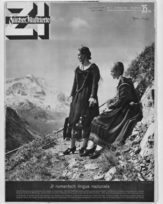 Titelblatt der Zürcher Illustrierten. Zwei Bündnerinnen in Trachten vor Berglandschaft. Titelblatt der Zürcher Illustrierten. Zwei Bündnerinnen in Trachten vor Berglandschaft.