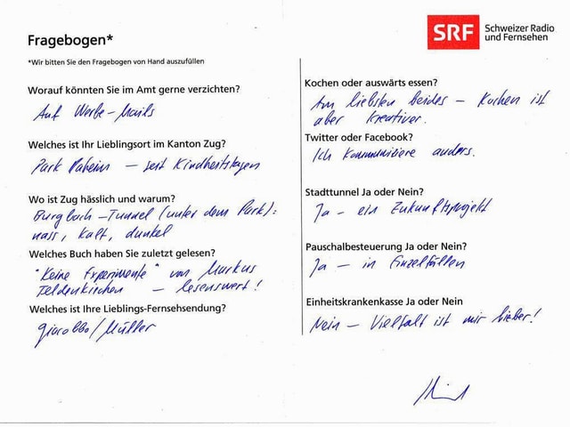 Der von Matthias Michel ausgefüllte Fragebogen. Der von Matthias Michel ausgefüllte Fragebogen.