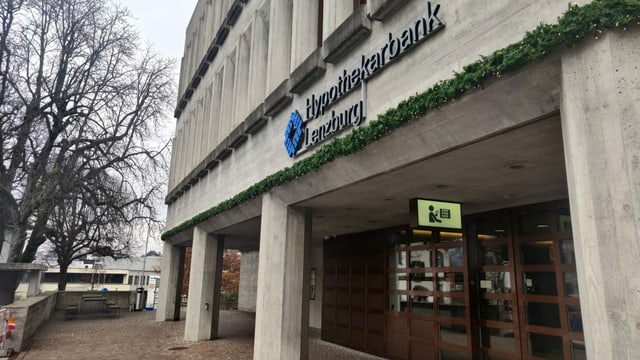 Bürogebäude aus Beton, Logo der Hypi Lenzburg an der Fassade Bürogebäude aus Beton, Logo der Hypi Lenzburg an der Fassade