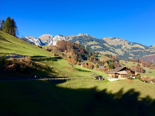 Blick ins Tal mit Bauernhäuser, Bäumen in Herbstgewand und stahlblauem Himmel.