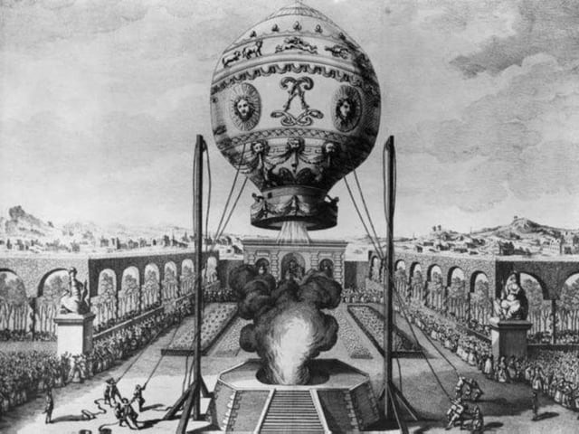 Schwarz-Weiss-Bild des Ballons der Gebrüder Montgolfier