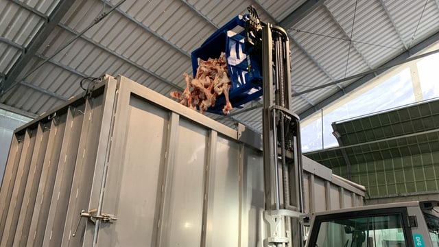 Eine Ladung Knochen poltert in den grossen Lastwagen. Eine Ladung Knochen poltert in den grossen Lastwagen.