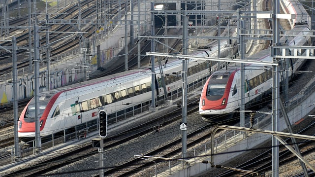 Züge der SBB auf einem Geleidfeld. Züge der SBB auf einem Geleidfeld.