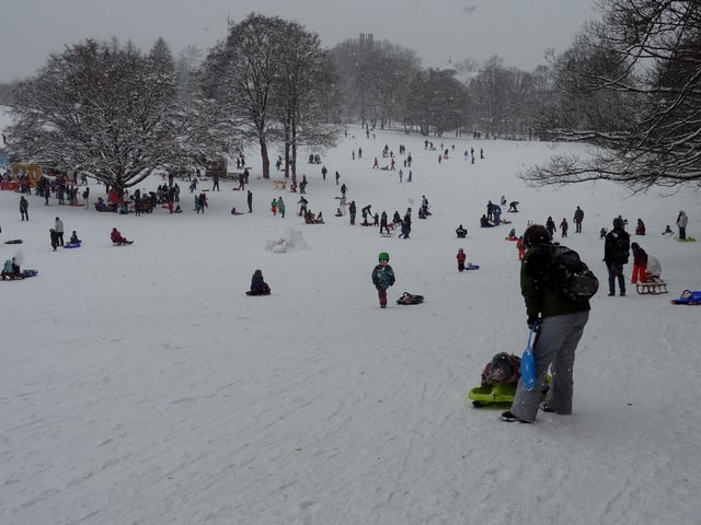 Kinder und Erwachsen tummeln sich auf der Schlittenwiese am Gurten, es schneit leicht. Kinder und Erwachsen tummeln sich auf der Schlittenwiese am Gurten, es schneit leicht.