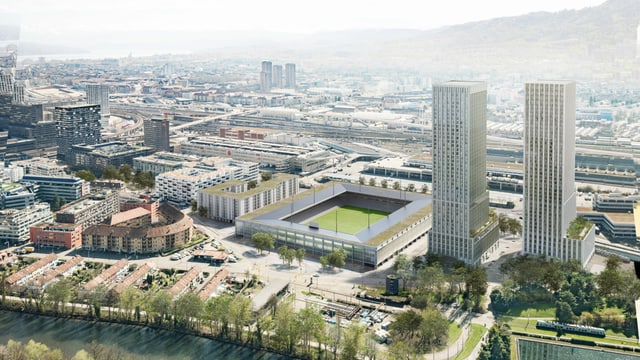 Visualisierung des neuen Hardturm-Stadions mit zwei Türmen. Visualisierung des neuen Hardturm-Stadions mit zwei Türmen.