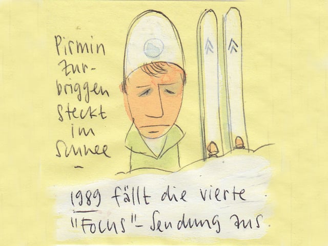 Zu sehen ist ein gezeichneter Skifahrer Pirmin Zurbriggen. Er steht bis zur Brust im Schnee.