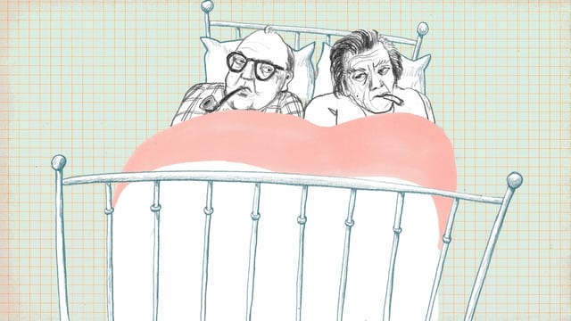 Zeichnung: Dürrenmatt und Hohl liegen mit skeptischen Gesichtern nebeneinander im Bett
