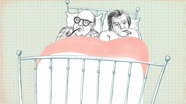 Zeichnung: Dürrenmatt und Hohl liegen mit skeptischen Gesichtern nebeneinander im Bett Zeichnung: Dürrenmatt und Hohl liegen mit skeptischen Gesichtern nebeneinander im Bett