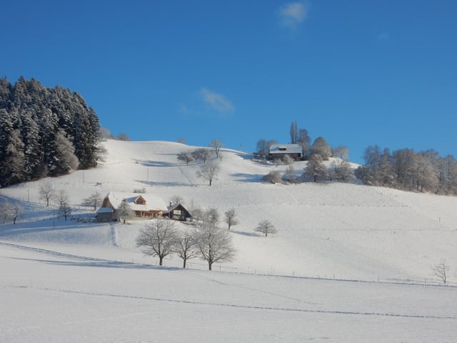 Winterlandschaft. Ein Bauernhof an einem Hang.