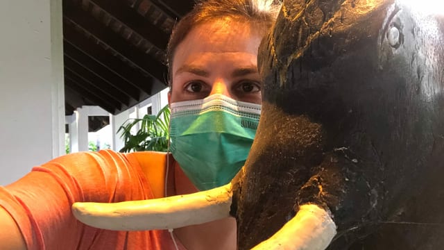 Karin Wenger mit Elefant aus Stein. Karin Wenger mit Elefant aus Stein.