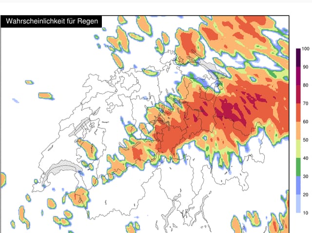Karte der Schweiz. In den rötlich eingefärbten Regionen ist die Schauerneigung gross. Karte der Schweiz. In den rötlich eingefärbten Regionen ist die Schauerneigung gross.