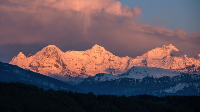 Blick auf die verschneiten Berner Alpen.