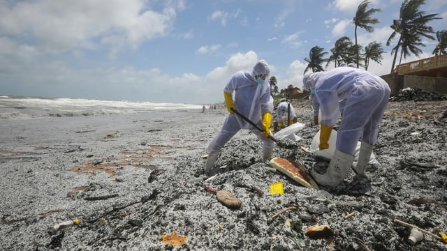 Personen in Ganzkörperanzügen schaufeln am Strand Granulat in Säcke. Personen in Ganzkörperanzügen schaufeln am Strand Granulat in Säcke.