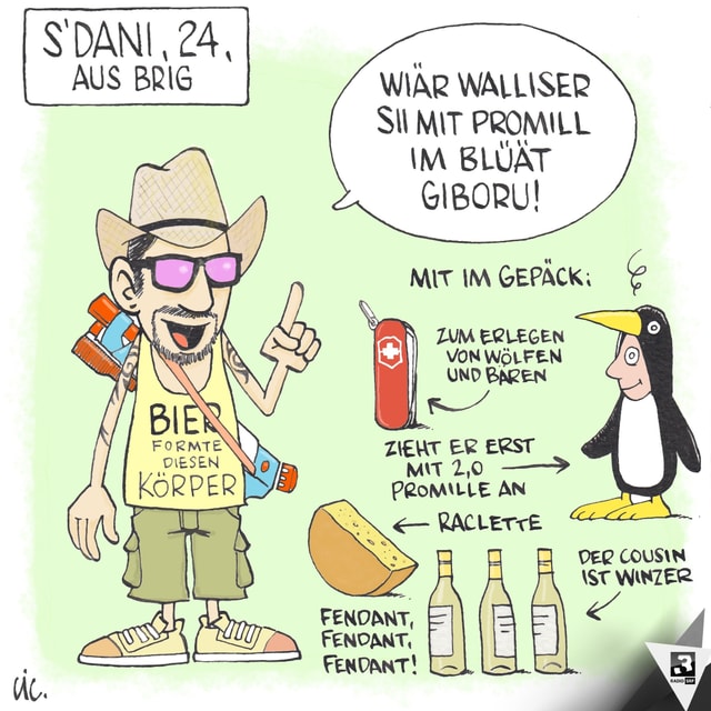 Karikatur eines Mannes mit Hut, Weisswein und Käse. Karikatur eines Mannes mit Hut, Weisswein und Käse.