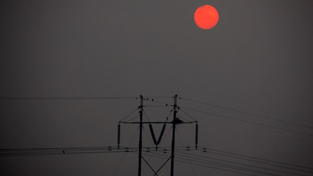 Vögel sitzen auf einem Strommast, der Himmel ist verdunkelt. Vögel sitzen auf einem Strommast, der Himmel ist verdunkelt.