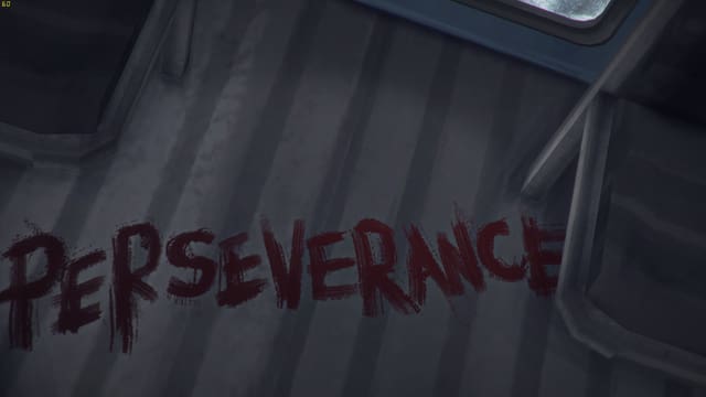 Mit Blut hat jemand Perseverance auf den Boden geschrieben - Englisch für Ausdauer. Mit Blut hat jemand Perseverance auf den Boden geschrieben - Englisch für Ausdauer.
