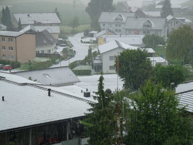 Dorf mit Dächern und Bäumen, alles weiss, so viel Graupel liegt herum.