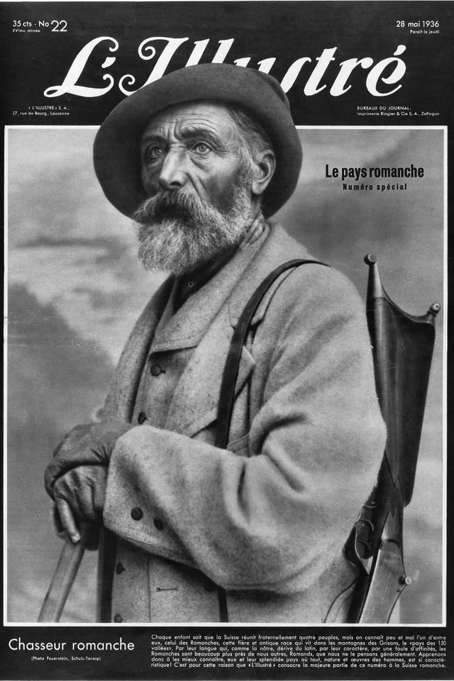 Titelblatt der Ilustré. Man sieht einen Bergerl mit Gewehr. Darunter steht: Chasseur romanche. Titelblatt der Ilustré. Man sieht einen Bergerl mit Gewehr. Darunter steht: Chasseur romanche.