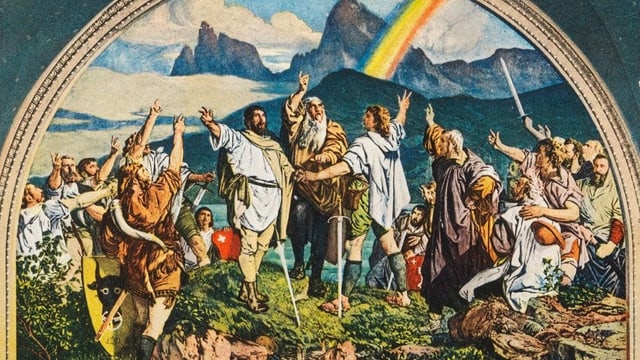 eine farbenfrohe Darstellung von Männern in Gewändern, die etwas schwören eine farbenfrohe Darstellung von Männern in Gewändern, die etwas schwören