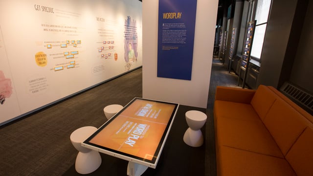 Sofas, Bildschirme, Grafik mit Epochen auf der gegenüberliegenden Wand Sofas, Bildschirme, Grafik mit Epochen auf der gegenüberliegenden Wand
