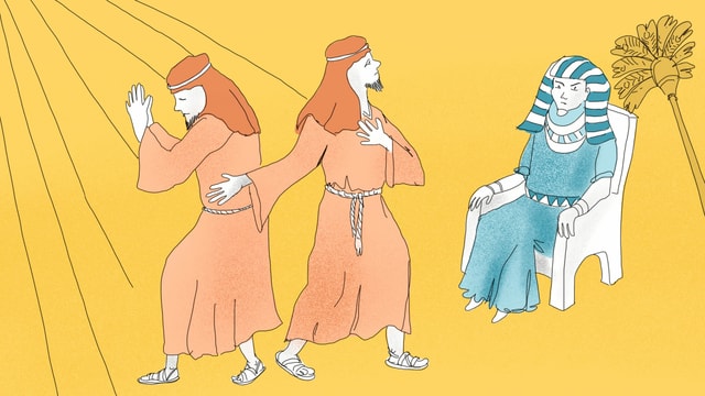 Eine Illustration von Moses und zwei Helfern. Eine Illustration von Moses und zwei Helfern.