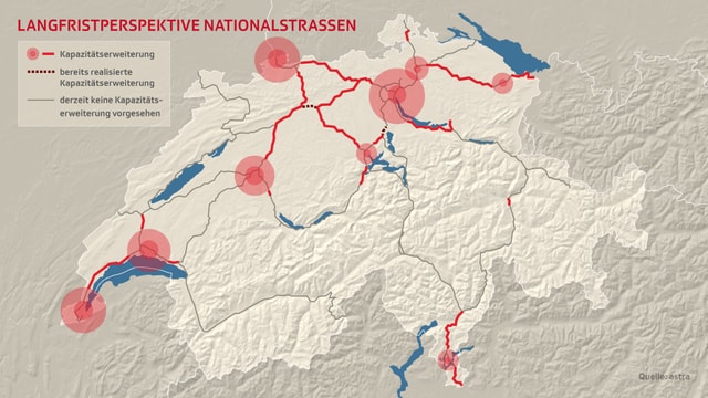 Karte der Schweiz mit den Plänen für Kapazitätserweiterungen der Autobahnen. Karte der Schweiz mit den Plänen für Kapazitätserweiterungen der Autobahnen.