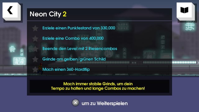 Die fünf Aufgaben eines Levels: Punkte, Riesencombos oder einen 360-Hardflip. Die fünf Aufgaben eines Levels: Punkte, Riesencombos oder einen 360-Hardflip.