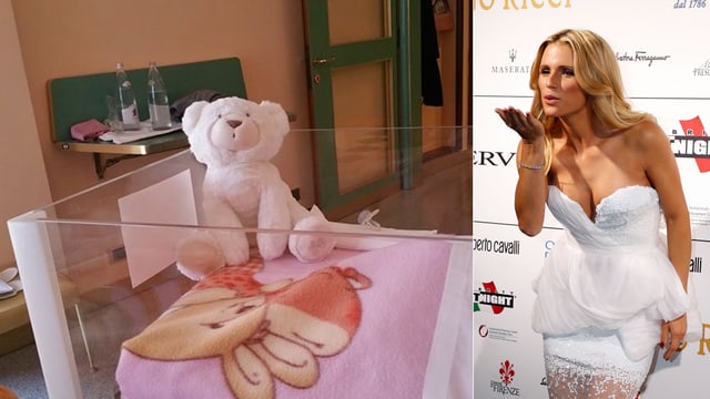 Kinderbett und Michelle Hunziker macht einen Luftkuss. Kinderbett und Michelle Hunziker macht einen Luftkuss.