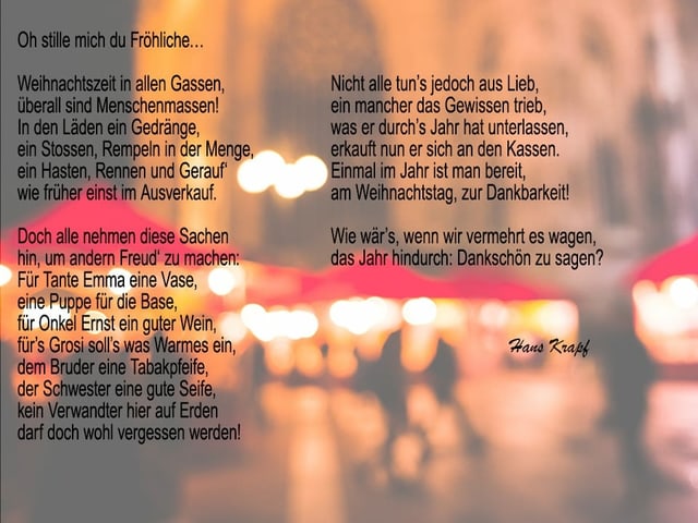 Ein Gedicht auf einem Bild von einem Weihnachtsmarkt. Ein Gedicht auf einem Bild von einem Weihnachtsmarkt.