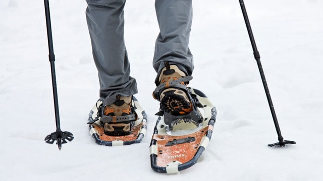 Beine eines Wanderers mit Schneeschuhen Beine eines Wanderers mit Schneeschuhen