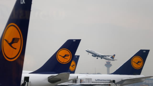 Ein Lufthansa-Maschine startet im Hintergrund. Davor: Heckflossen anderer Flugzeuge. Ein Lufthansa-Maschine startet im Hintergrund. Davor: Heckflossen anderer Flugzeuge.