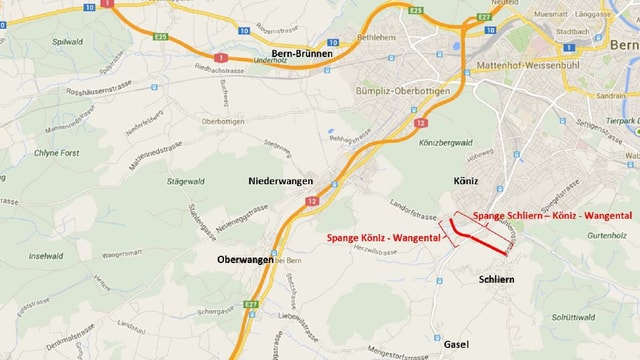 Eine Karte der Region, die Strasse ist rot eingezeichnet. Eine Karte der Region, die Strasse ist rot eingezeichnet.