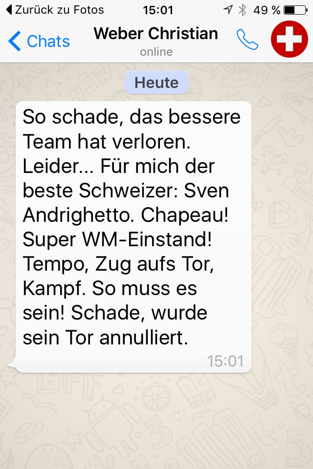 Textnachricht von Christian Weber per Whatsup. Textnachricht von Christian Weber per Whatsup.