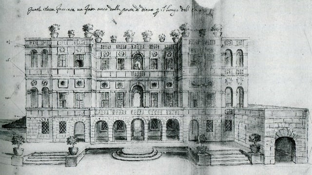 Eine Zeichnung der Villa del Vascello in Rom. Eine Zeichnung der Villa del Vascello in Rom.