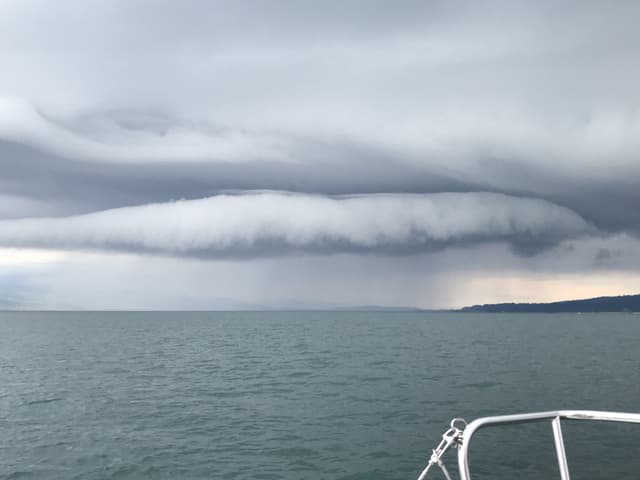 Hellgraue Wolke aus der ein Regenschauer fällt.