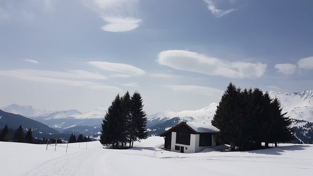 Über den schneebedeckten Hängen von Parpan sind Föhnfische zu sehen, sogenannte Altocumulus lenticularis. Über den schneebedeckten Hängen von Parpan sind Föhnfische zu sehen, sogenannte Altocumulus lenticularis.