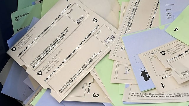 Mehrere Stimmzettel auf einem Tisch. Mehrere Stimmzettel auf einem Tisch.