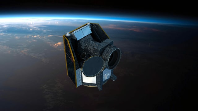 Computergrafik eines Satelliten im Weltraum, im Hintergrund die Erde Computergrafik eines Satelliten im Weltraum, im Hintergrund die Erde